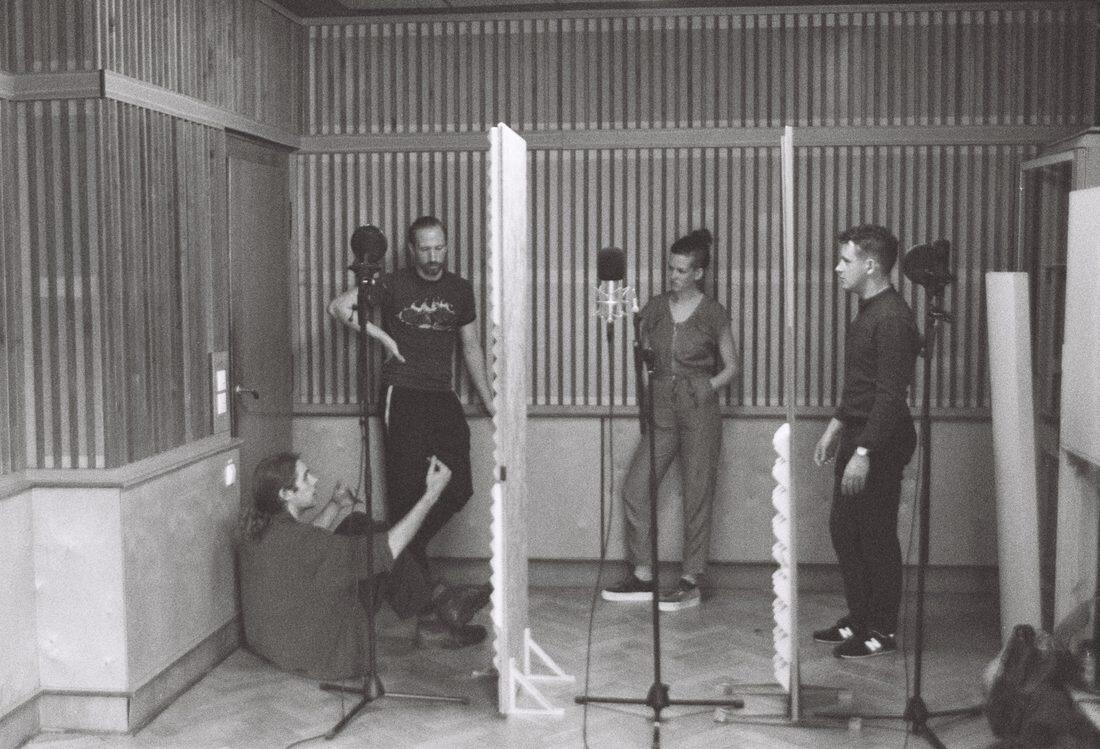 Sarah McInerney and Matthew Walsh recording vocals at Funkhaus