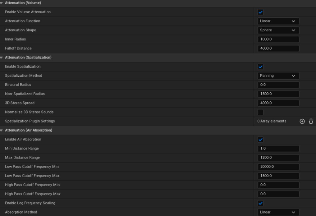 Volume, spatialization, and air absorption attenuation settings in Unreal 5