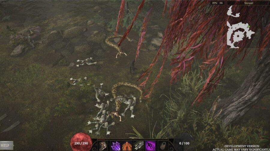 Gameplay screenshot from the Keres alpha playtest, flagged for a collision clipping issue in the swamp area